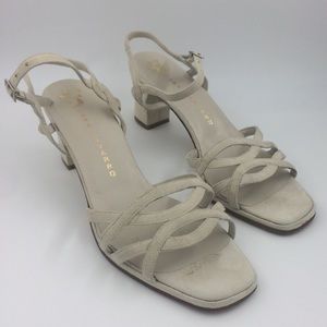 Strappy Block Heel Sandal in Cream Suede